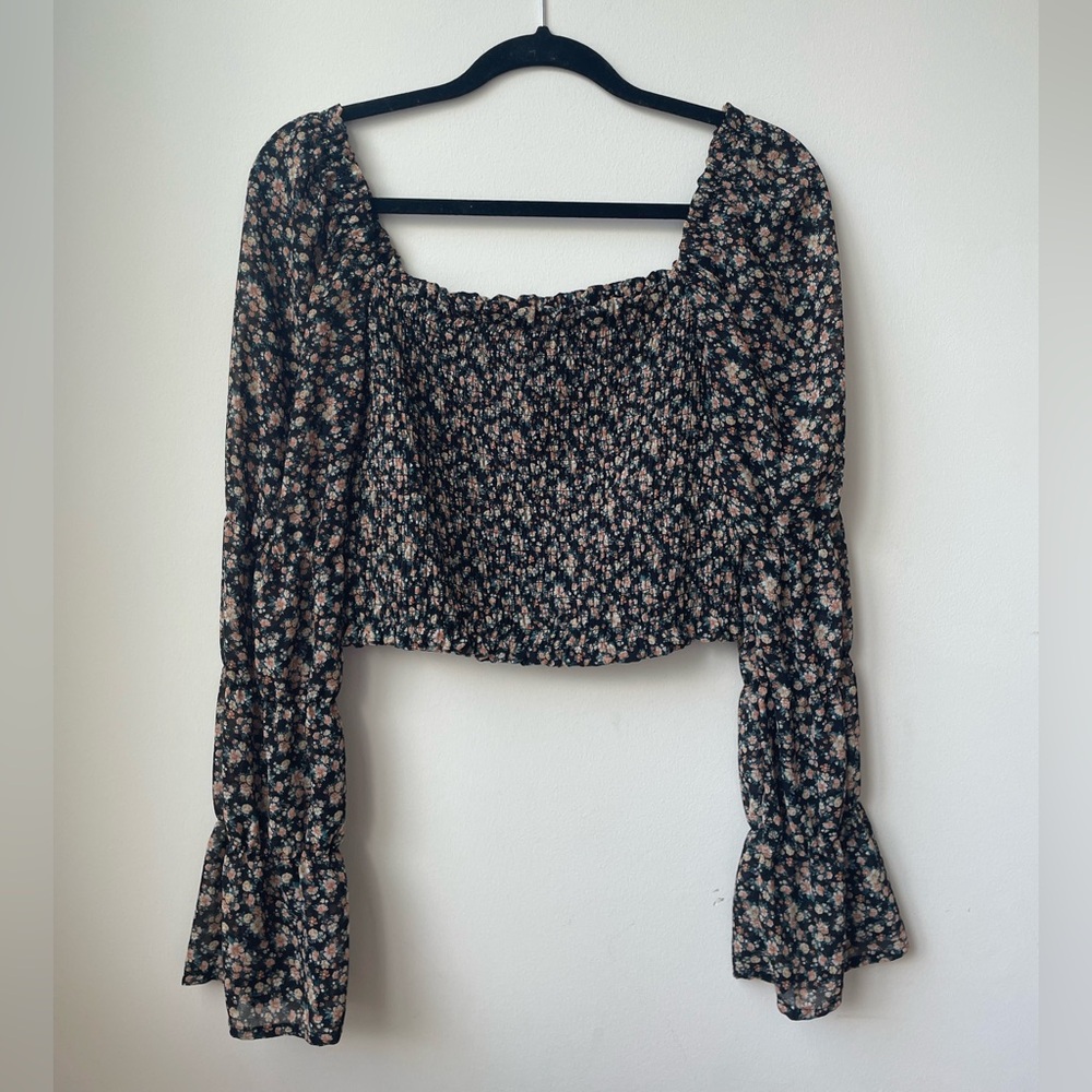 Black and Orange Floral Smocked Top